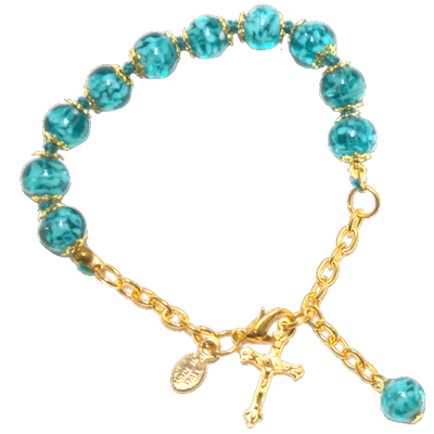 Marine Blue Genuine Murano Gold Tone Rosary Bracelet with Handknotted Sommerso Beads & Crucifix - Unique Catholic Gifts
