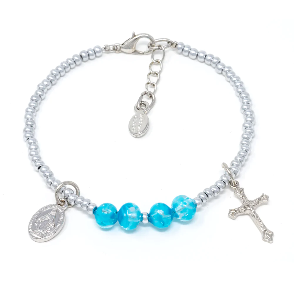 Steel and Blue Genuine Murano "Seed Bead" Bracelet with Sommerso Beads, Miraculous Medal and Crucifix - Unique Catholic Gifts