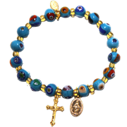 Turquoise Genuine Murano Gold Tone Stretch Bracelet with Millefiori Beads, Miraculous Medal and Crucifix - Unique Catholic Gifts