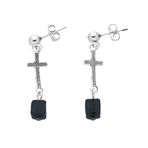 Stainless Steel Lattice Cross Earrings with Black Murano Beads - Unique Catholic Gifts