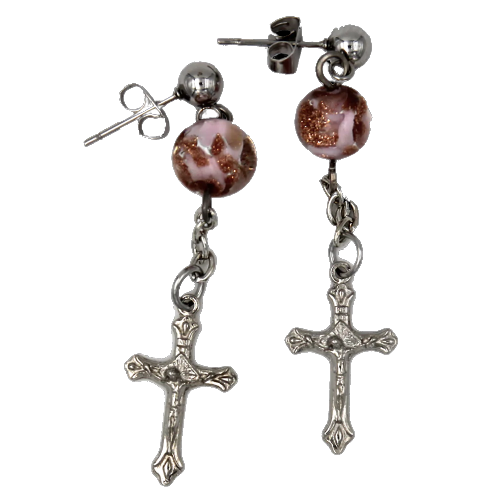 Stainless Steel Crucifix Earrings with Pink Murano Beads - Unique Catholic Gifts