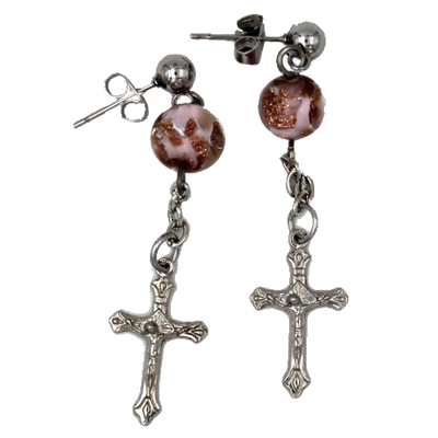 Stainless Steel Crucifix Earrings with Pink Murano Beads - Unique Catholic Gifts