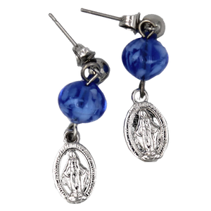 Stainless Steel Miraculous Medal Earrings with Blue Murano Beads - Unique Catholic Gifts