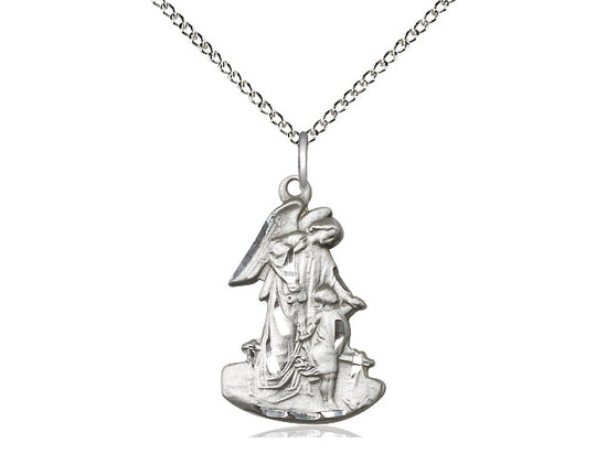 Sterling Silver Guardian Angel Pendant on a 18 inch Sterling Silver Light Curb Chain - Unique Catholic Gifts