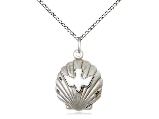 Sterling Silver Shell / Holy Spirit Pendant on a 18 inch Sterling Silver Light Curb Chain - Unique Catholic Gifts