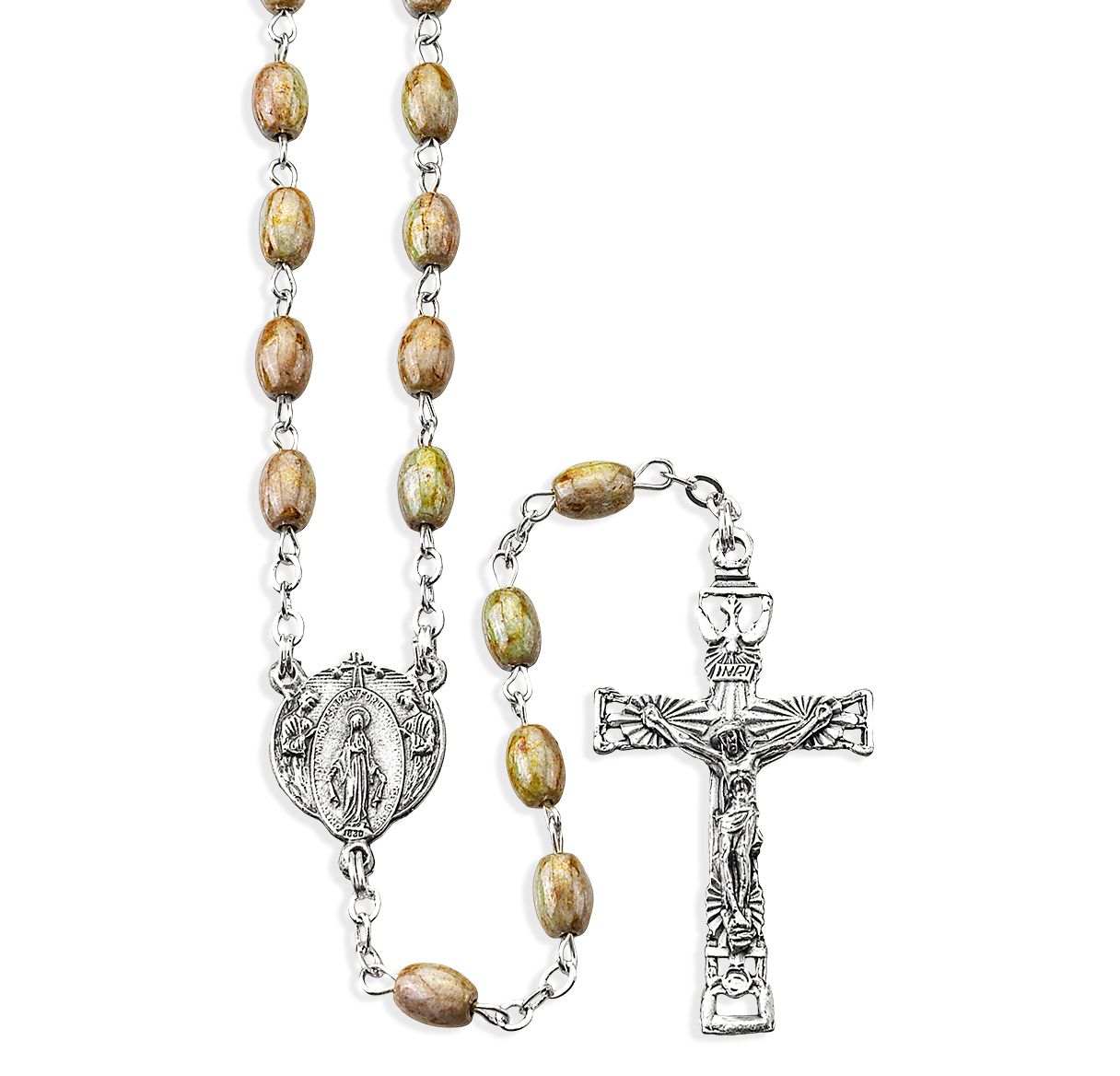 Light Brown Faux Imitation Marble Oval Bead Rosary - Unique Catholic Gifts
