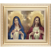 The Two Sacred Hearts Framed in a Scroll work Satin Frame. (11 1/2 x 13 1/2") - Unique Catholic Gifts