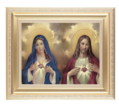 The Two Sacred Hearts Framed in a Scroll work Satin Frame. (11 1/2 x 13 1/2
