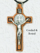 Saint Benedict Classic Carved Wood Cross - Silver Tone Medal - Unique Catholic Gifts