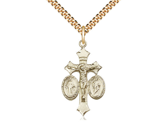 14kt Gold Filled Jesus, Mary & Joseph Pendant on a 24 inch Gold Plate Heavy Curb Chain - Unique Catholic Gifts