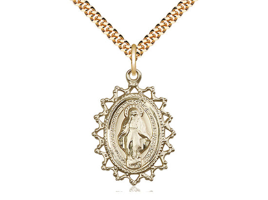 14kt Gold Filled Miraculous Pendant on a 24 inch Gold Plate Heavy Curb Chain - Unique Catholic Gifts