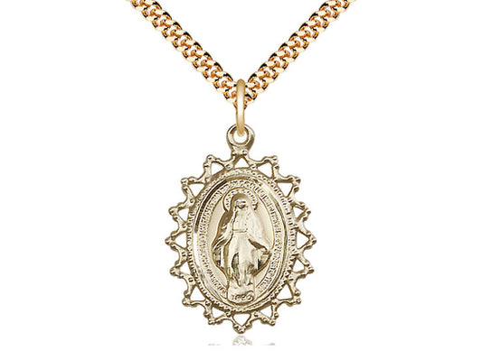 14kt Gold Filled Miraculous Pendant on a 24 inch Gold Plate Heavy Curb Chain - Unique Catholic Gifts