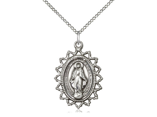 Sterling Silver Miraculous Pendant on a 18 inch Sterling Silver Light Curb Chain - Unique Catholic Gifts