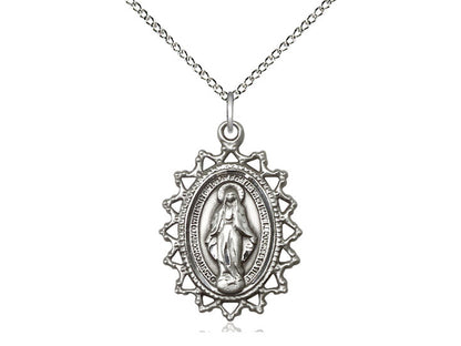 Sterling Silver Miraculous Pendant on a 18 inch Sterling Silver Light Curb Chain - Unique Catholic Gifts