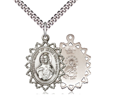 Sterling Silver Scapular Pendant on a 24 inch Light Rhodium Heavy Curb Chain - Unique Catholic Gifts