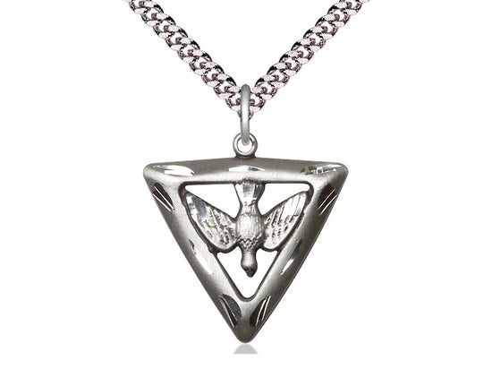 Sterling Silver Holy Spirit Triangle Pendant on a 24 inch Light Rhodium Heavy Curb Chain - Unique Catholic Gifts