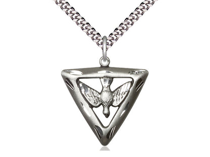 Sterling Silver Holy Spirit Triangle Pendant on a 24 inch Light Rhodium Heavy Curb Chain - Unique Catholic Gifts
