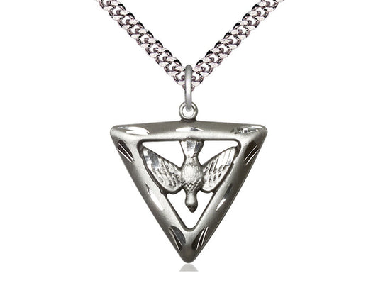 Sterling Silver Holy Spirit Triangle Pendant on a 24 inch Light Rhodium Heavy Curb Chain - Unique Catholic Gifts