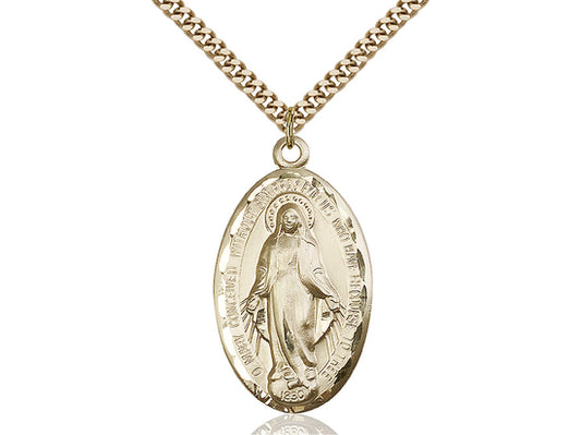 14kt Gold Filled Miraculous Pendant on a 24 inch Gold Plate Heavy Curb Chain - Unique Catholic Gifts