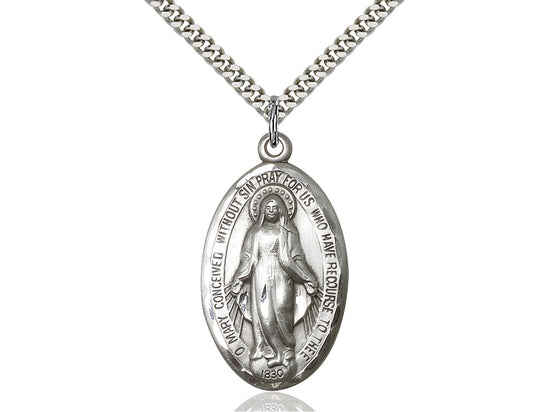 Sterling Silver Miraculous Pendant on a 24 inch Light Rhodium Heavy Curb Chain - Unique Catholic Gifts