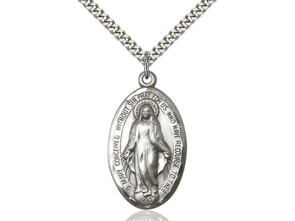 Sterling Silver Miraculous Pendant on a 24 inch Light Rhodium Heavy Curb Chain - Unique Catholic Gifts