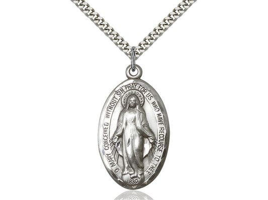 Sterling Silver Miraculous Pendant on a 24 inch Light Rhodium Heavy Curb Chain - Unique Catholic Gifts