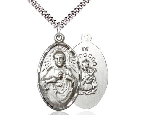 Sterling Silver Scapular Pendant on a 24 inch Light Rhodium Heavy Curb Chain - Unique Catholic Gifts