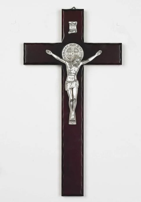 Saint Benedict Cherry Wood Cross - Silver Tone - Unique Catholic Gifts