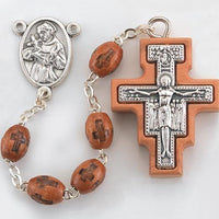 Franciscan Tau and San Damiano Rosary Brown Wood - Unique Catholic Gifts