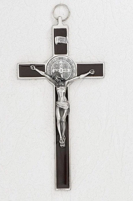 Saint Benedict Brown Enamel Cross - Silver Tone Medal - Unique Catholic Gifts