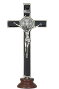 Black St. Benedict Enameled Crucifix on wood base (8") - Unique Catholic Gifts