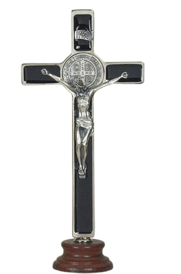 Black St. Benedict Enameled Crucifix on wood base (8