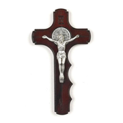 Saint Benedict Cherry Wood Palm Cross - Silver Tone Medal - Unique Catholic Gifts