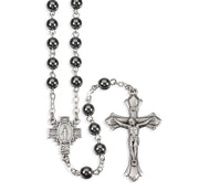 Hematite Bead Rosary with Deluxe Silver Plated Centerpiece and Crucifix in a Grey Velvet Box 19 1/4" - Unique Catholic Gifts