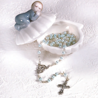 Porcelain Baby Keepsake Box with Rosary - Boy - Clam Shell - Unique Catholic Gifts