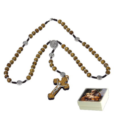 St. Joseph Wooden Rosary with Metallic Medals - 7mm - Unique Catholic Gifts