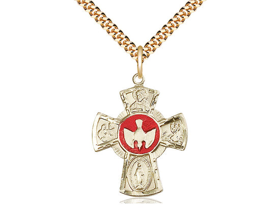 14kt Gold Filled 5-Way Pendant on a 24 inch Gold Plate Heavy Curb Chain - Unique Catholic Gifts