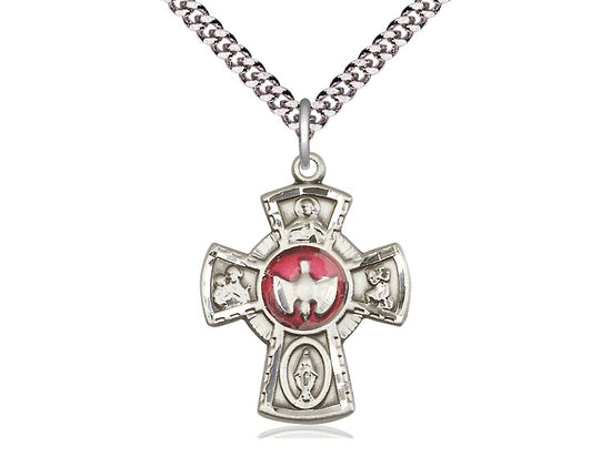 Sterling Silver 5-Way Pendant on a 24 inch Light Rhodium Heavy Curb Chain - Unique Catholic Gifts