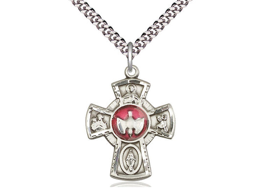 Sterling Silver 5-Way Pendant on a 24 inch Light Rhodium Heavy Curb Chain - Unique Catholic Gifts