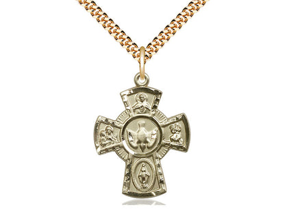 14kt Gold Filled 5-Way Pendant on a 24 inch Gold Plate Heavy Curb Chain - Unique Catholic Gifts
