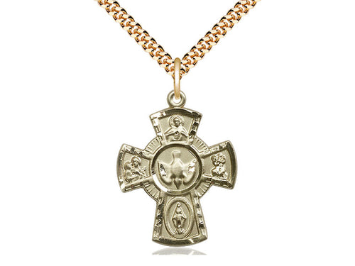 14kt Gold Filled 5-Way Pendant on a 24 inch Gold Plate Heavy Curb Chain - Unique Catholic Gifts