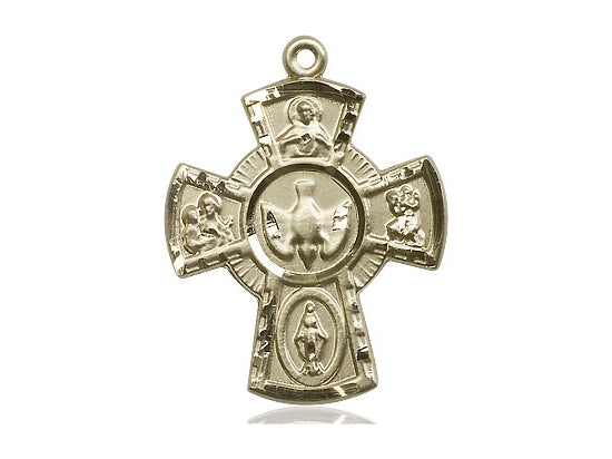 14kt Gold Filled 5-Way Pendant on a 24 inch Gold Plate Heavy Curb Chain - Unique Catholic Gifts