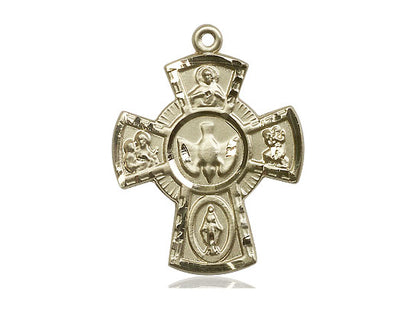 14kt Gold Filled 5-Way Pendant on a 24 inch Gold Plate Heavy Curb Chain - Unique Catholic Gifts