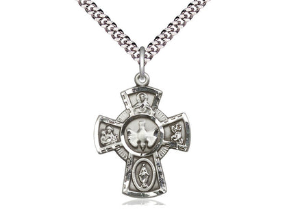 Sterling Silver 5-Way Pendant on a 24 inch Light Rhodium Heavy Curb Chain - Unique Catholic Gifts