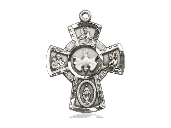 Sterling Silver 5-Way Pendant on a 24 inch Light Rhodium Heavy Curb Chain - Unique Catholic Gifts