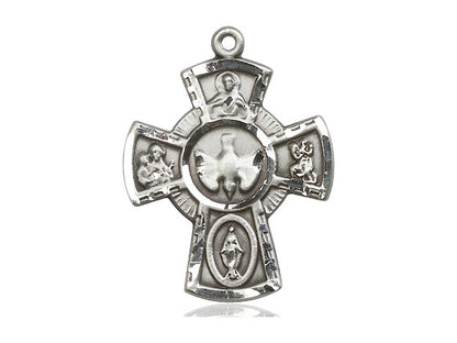 Sterling Silver 5-Way Pendant on a 24 inch Light Rhodium Heavy Curb Chain - Unique Catholic Gifts