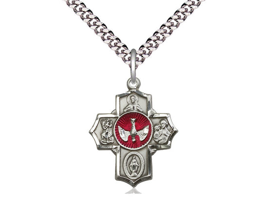 Sterling Silver 5-Way Pendant on a 24 inch Light Rhodium Heavy Curb Chain - Unique Catholic Gifts