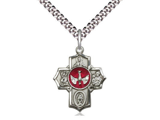 Sterling Silver 5-Way Pendant on a 24 inch Light Rhodium Heavy Curb Chain - Unique Catholic Gifts