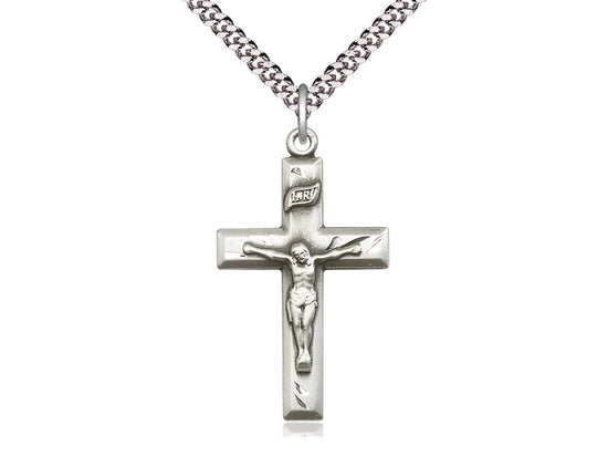 Sterling Silver Crucifix Pendant on a 24 inch Light Rhodium Heavy Curb Chain - Unique Catholic Gifts
