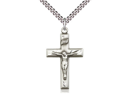 Sterling Silver Crucifix Pendant on a 24 inch Light Rhodium Heavy Curb Chain - Unique Catholic Gifts
